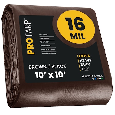 Heavy Duty Tarp, 10 ft x 10 ft, 16 Mil, Brown/Black, Polyethylene, Waterproof, Rip and Tear Proof